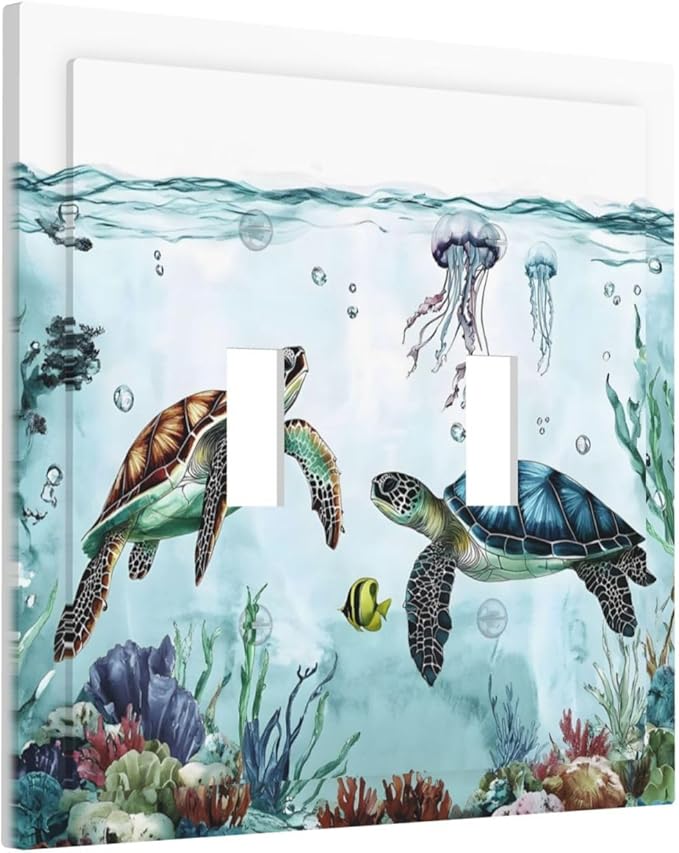 Sea Turtles Sea Coral Seaweed Ocean Jellyfish Decorative Switch Plates 2 Gang Double Toggle Outlet Light Switch Cover Wall Plate Electrical Faceplate for Kids Room Bathroom Decor
