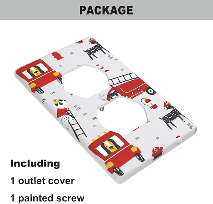 Cute Cartoon Fireman Outlet Cover, Firefighter Fire Truck 1-Gang Duplex Receptacle Wall Plate for Boys Bedroom Playroom Bathroom Decor