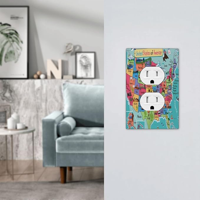 1 Gang Outlet Light Switch Covers Duplex Receptacle Device Plug Socket Wall Plate Turquoise USA Map Art Atlas Electrical Faceplate Switchplates Cartoon Fun Facts Geography American Map Room Decor