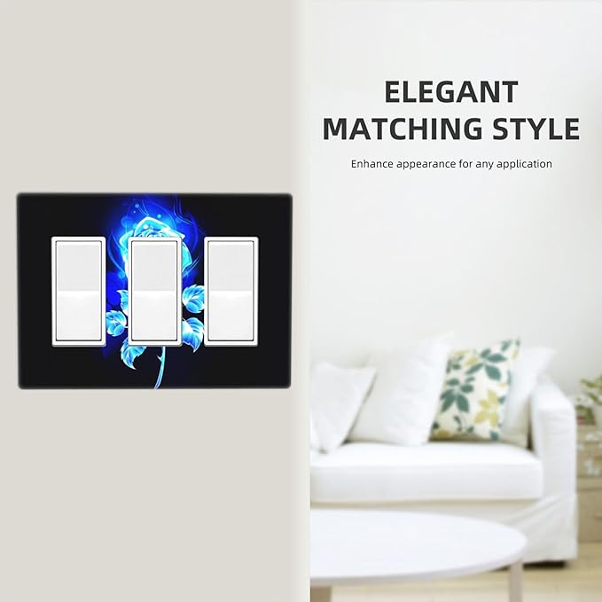 Blue Golden Rose Flower 3 Gang Triple Rocker/Decora Light Switch Wall Plate Cover Decorative Electrical Faceplate Switchplate for Bathroom Living Room Decor