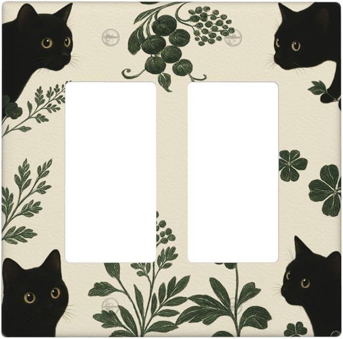 Decorative Outlet Covers Funny Black Cat Green Leaf 2 Gang Light Switch Cover Plate Double Rocker Wall Plates for Electrical Outlets Switch Plate Covers for Bedroom Home Decor