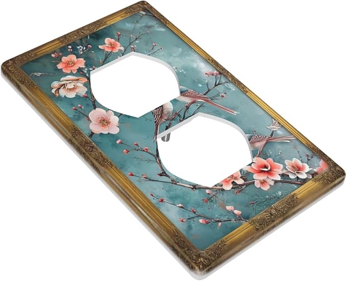 Decorative Art Light Switch Covers Vintage Chinoiserie Oriental - Teal Birds and Floral Branch 1 Gang Single Duplex Outlet Wall Plate Switchplate Electrical Faceplate for Home Decor