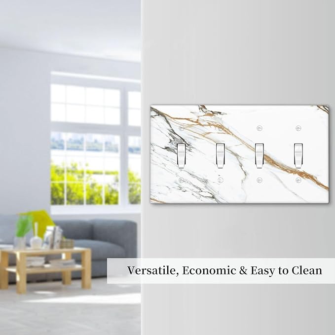 White Gold Marble Modern Abstract Luxury Print Light Switch Covers Quad Toggle Electrical Faceplate 4 Gang Wall Plate Decorative Switch Plates Cover for Bathroom Kitchen Decor