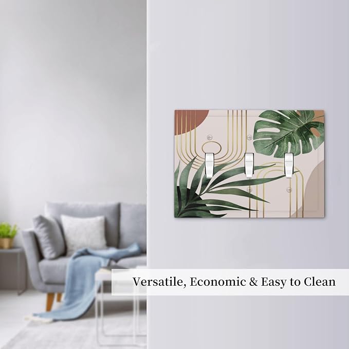 Mid Century Boho Mid Size 3 Gang Triple Toggle Light Switch Cover Wallplate Minimalist Aesthetic Art Abstract Tropical Green Palm Leaves Decorative Outlet Cover Electrical Faceplate Switch Face Plate