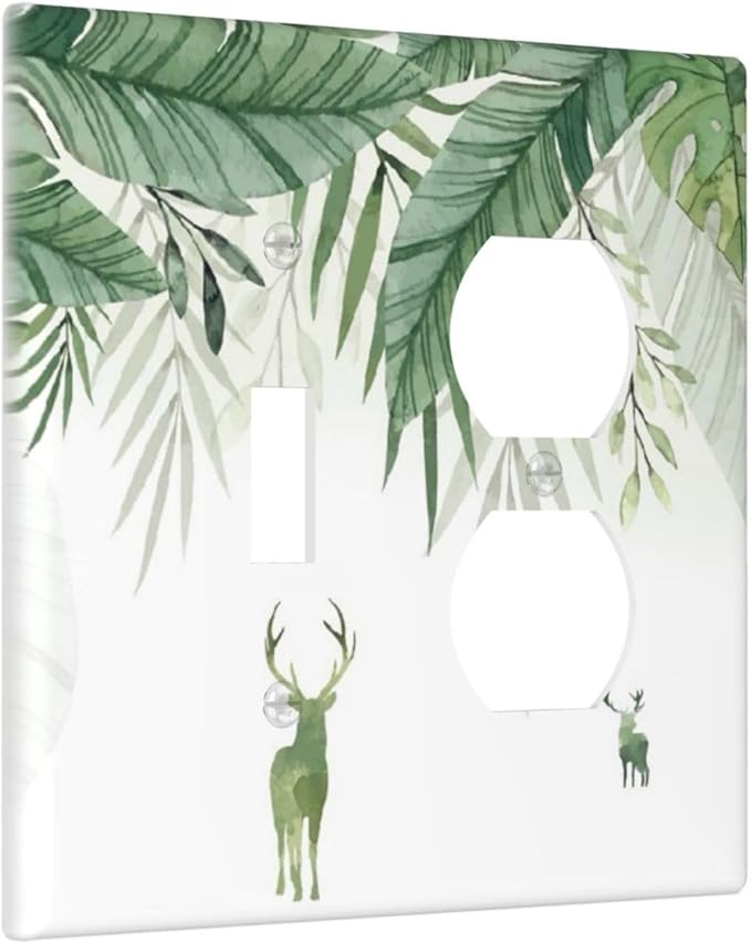 Deer Banana Leaves Palm Trees Green Plants Wallplates 1 Toggle 1 Duplex Switch Plate Electrical GFCI Faceplate Decorative Light Switch Covers for Bed Room Living Room Decor