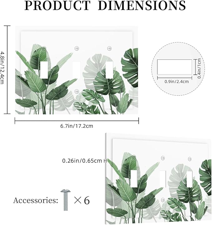 Decorative Switch Plates Boho Tropical Plant Natural Palm Leaf 3 Gang Wall Plate Triple Toggle Light Switch Cover Faceplate Electrical Wall Panels For Bed Room Living Room Decor