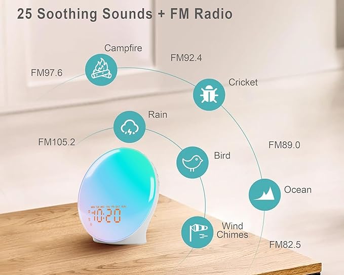 JALL Sunrise Alarm Clock with 25 Soothing Sounds, White Noise Sound Machine for Sleep, Sunset Lamp & 5W Bluetooth Speaker, Dual Alarms for Heavy Sleepers, Kids, Adults, Bedrooms, Wood Grain