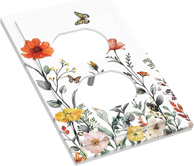 Colorful Vintage Floral Butterfly Flower 1 Gang Duplex Wall Plate Receptacle Outlet Covers Spring Nature Wildflower Blossom Decorative Electrical Dual Device Light Switch Plug Socket Faceplate Cover
