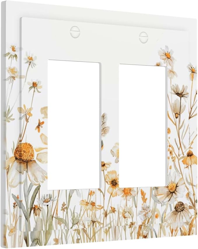 Yellow White Daisy Floral Bee Wild Flower Decorative Outlet Covers 2 Gang Double GFCI Rocker Electrical Wall Panels Light Switch Cover Plate for Bedroom Living Room Decor