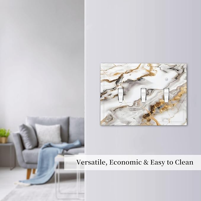 Luxurious Marble Abstract White Gold Tile Modern Simplicity Decorative Switch Plates 3 Gang Wall Plate Triple Toggle Light Switch Cover Faceplate Electrical Wall Panels for Bathroom Kitchen Decor