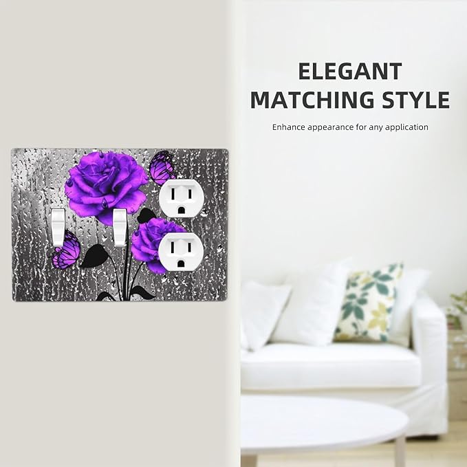 Purple/Gray Blossom Flowers Rose Butterfly Valentine Day 3-Gang 2-Toggle 1-Duplex Device Combination Wall Plate Decorative Combo Double Toggle/Single Duplex Receptacle Outlet Light Switch Cover Plate