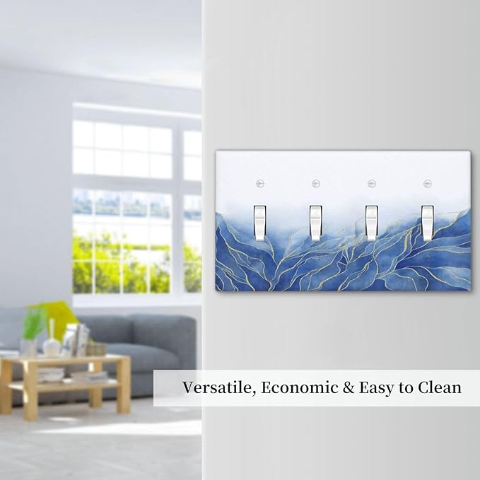 Light Switch Cover Plate Blue Gold Leaf Marble Modern Abstract 4 Gang Quad Toggle Decorative Switch Plates Wall Panels Electrical Wall Plates Faceplate for Kitchen Bathroom Decor