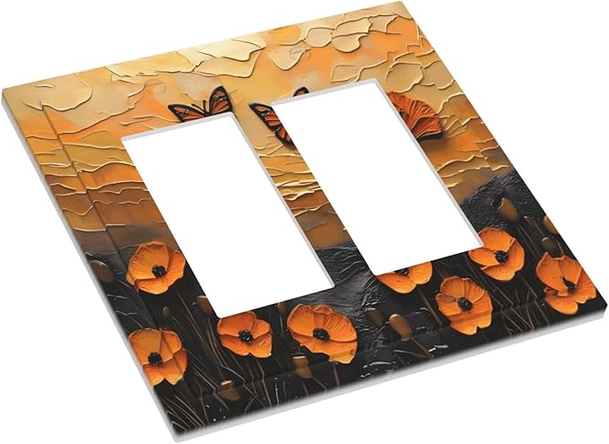 Oil Painting Flower Sunset Butterfly Vintage Rustic Floral Decorative Outlet Covers 2 Gang Double GFCI Rocker Electrical Wall Panels Light Switch Cover Plate for Bedroom Living Room Decor