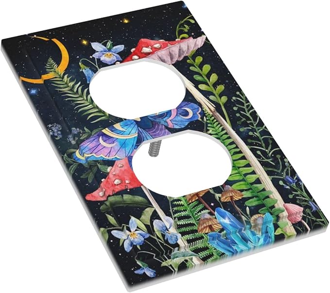 1 Gang Duplex Receptacle Outlet Cover Gothic Boho Hippie Butterfly Mushroom Plants Starry Moon Night Stars Botanical Moth Electrical Wall Plate One Gang Dual Device Light Switch Faceplate Socket Cover