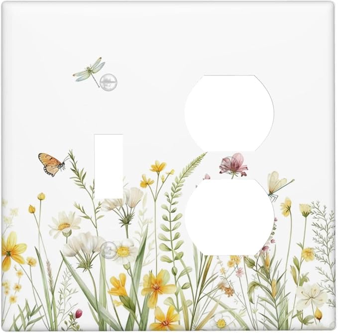 Colorful Wildflowers Dragonfly Butterfly Floral Wallplates 1 Toggle 1 Duplex Switch Plate Electrical GFCI Faceplate Decorative Light Switch Covers for Bedroom Living Room Decor