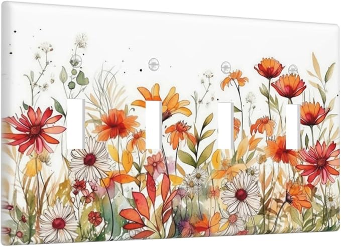 Watercolor Wild Flower Floral Daisy Plant Light Switch Covers Quad Toggle Electrical Faceplate 4 Gang Wall Plate Decorative Switch Plates for Bedroom Living Room Decor