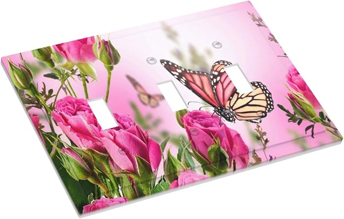 Vintage Pink Wildflower Flower Butterfly Farmhouse Botanical Triple Toggle Light Switch Cover Decorative 3 Gang Wall Plate Switchplate Home Faceplate Rose Butterfly Rustic Barn Kitchen Bathroom Decor