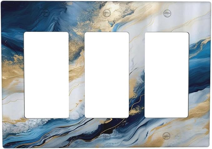 Abstract Blue Granite Luxury Watercolor Marble Texture Print 3 Gang Rocker Light Switch Covers Decorative Unique Triple Outlet Wall Plate Cover Faceplate Decorative Switchplate GFCI for Kitchen