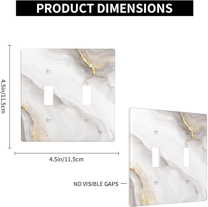 White Gold Gray Marble 2-Gang Double Toggle Switch Plate, Modern Decorative Wall Plate for Home, Living Room, Bedroom & Bathroom