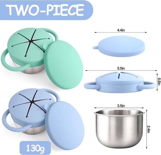 Mity rain Stainless Steel Snack Containers for Toddlers with Spill-Proof Silicone Lids Handles - 3-in-1 Baby Snack Cups, No-Spill Toddler Snack Box (Blue+Green, Two piece set)