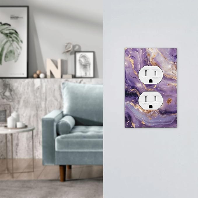 Abstract Purple Gold Marble Texure Luxurious Outlet Covers 1 Gang Duplex Light Switch Cover Decorative Switch Plates Electrical Receptacle Faceplate Wall Plate for Bathroom Living Room Decor