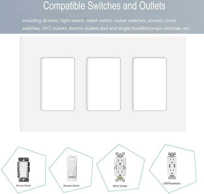 3-Gang Screwless Decorator Wall Plate Cover Switch Outlet Electrical Faceplate for Light Switche, Smart Switch, Receptacle, Dimmers, USB Outlet, GFCI, Child Safe Cover Plate, White (2-Pack)