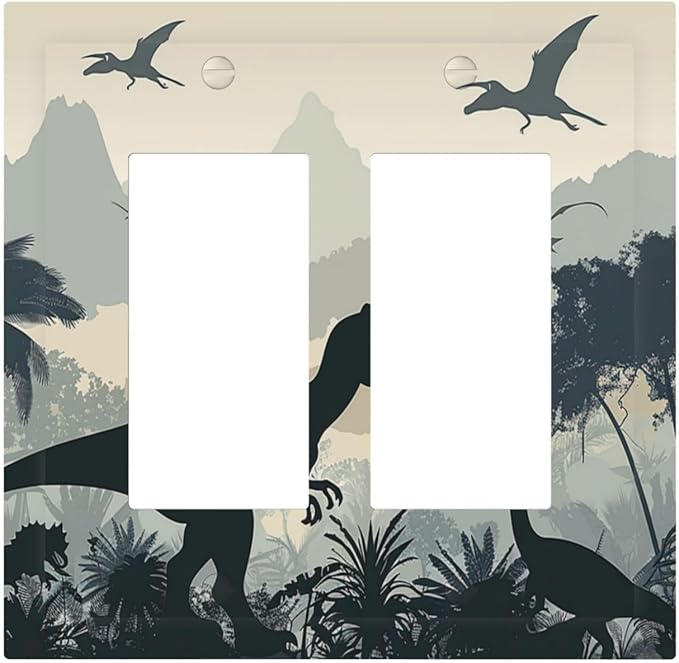 Decorative Outlet Covers Prehistoric World Dinosaur Cartoon Fores 2 Gang Double GFCI Rocker Electrical Wall Panels Light Switch Cover Plate for Kids Room Nursery Decor