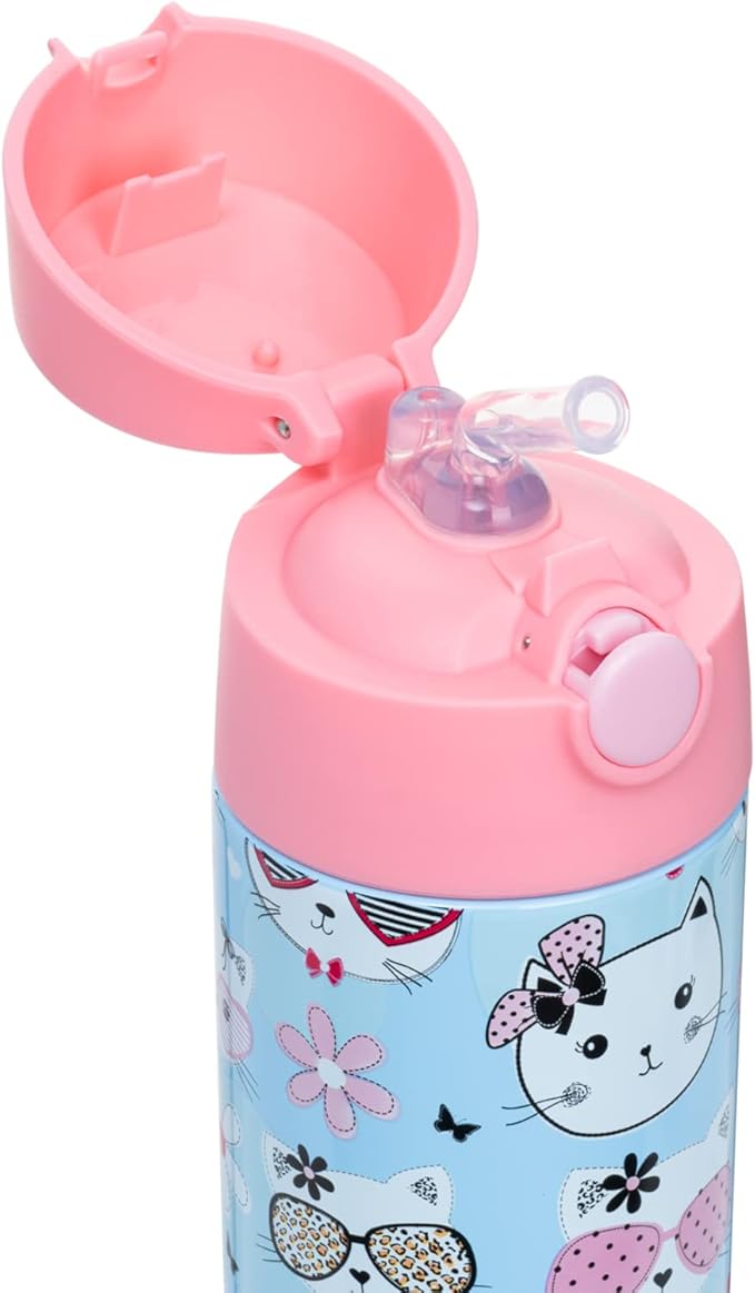 Snug Insulated Kids Water Bottle with Straw & Spout – Double-Wall Stainless Steel, Leakproof, Easy-Flip Lid – For School, Travel, Toddlers & Big Kids - Kitty, 17oz