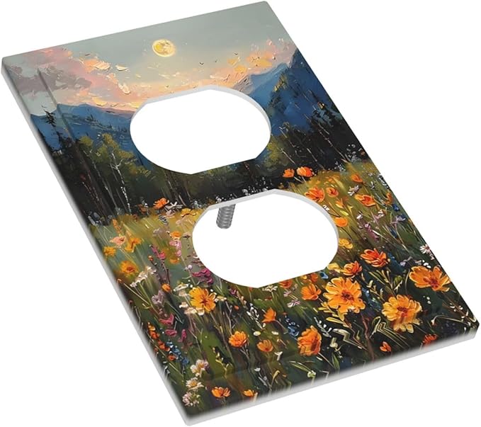 Sunset Wild Flower Field Floral Nature Landscape Outlet Covers 1 Gang Duplex Light Switch Cover Decorative Switch Plates Electrical Receptacle Faceplate Wall Plate for Farmhouse Bedroom Decor