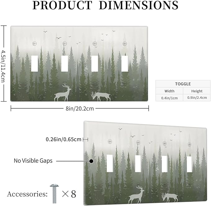 Green Pine Tree Deer Country forest Bird Nature Mist Light Switch Covers Quad Toggle 4 Gang Wall Plate Decorative Switch Plates Electrical Faceplate for Bedroom Home Decor