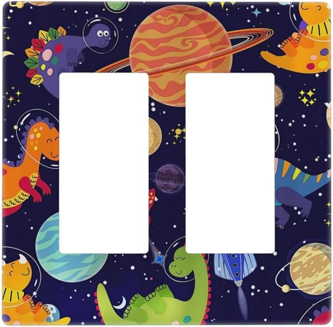 Galaxy Starry Astronaut Dinosaur 2 Gang Double Rocker/Decora Light Switch Cover Decorative Outlet Wall Plate Electrical Faceplate Home Family Art Decor Screwless