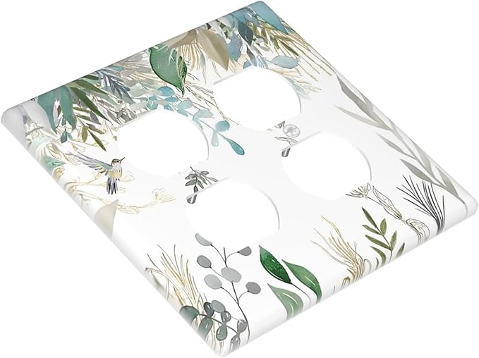 Green Tropical Palm Leaves Flower Plants Hummingbird Outlet Covers 2 Gang Double Duplex Decorative Light Switch Covers Electrical Wallplates Socket Faceplate for Bed Room Living Room Decor
