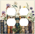 Plant Floral Books Colorful Flower Outlet Covers 2 Gang Double Duplex Decorative Light Switch Covers Electrical Wallplates Socket Faceplate for Kids Room Bedroom Decor