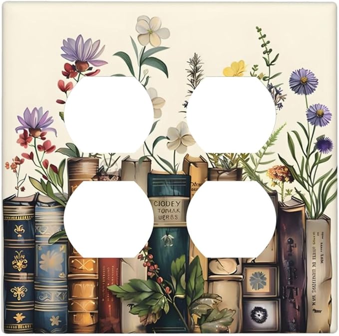 Plant Floral Books Colorful Flower Outlet Covers 2 Gang Double Duplex Decorative Light Switch Covers Electrical Wallplates Socket Faceplate for Kids Room Bedroom Decor