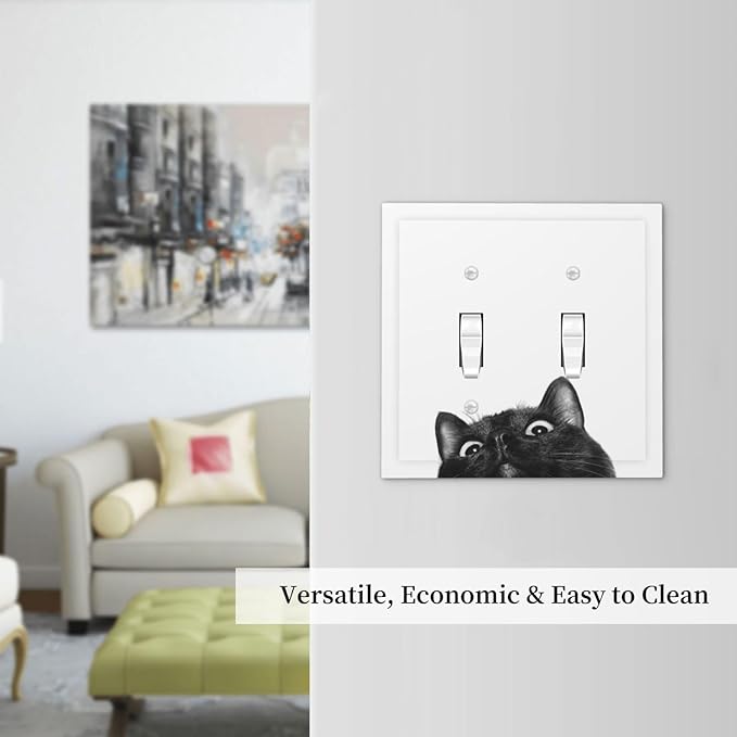 Peeping Black Cat Cute Animals Decorative Switch Plates 2 Gang Double Toggle Outlet Light Switch Cover Wall Plate Electrical Faceplate for Kids Room Home Decor