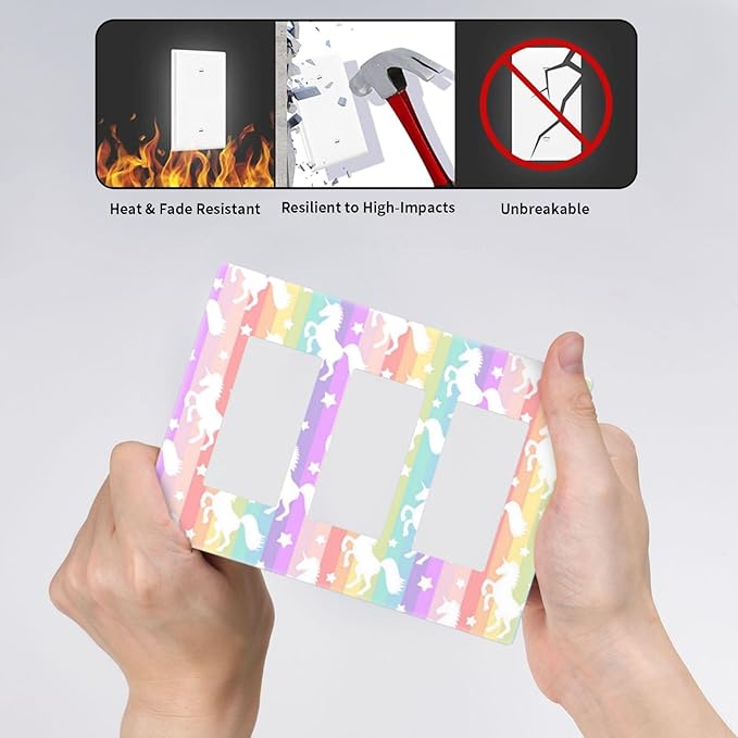 Colorful Kids Girls Rainbow Unicorn 3 Gang Triple Rocker/Decorator Light Switch Wall Plate Cover Decorative GFCI Electrical Faceplate Switchplate Dimmer