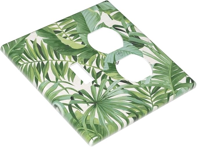 Green Tropical Palm Tree Leaf Decorative Outlet Covers 2 Gang Combination 1-Toggle 1- Duplex Light Switch Covers Summer Vibrant Vivid Leaves Electrical Two Device Single Toggle/Duplex Combo Wall Plate