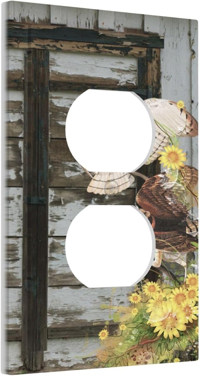 Vintage Brown Blue Old Wooden Door 1 Gang Duplex Outlet Covers Light Switch Cover Decorative Electrical Switchplate Antique Barn Door with Owls Sunflower Faceplate for Bathroom Bedroom Home Decor