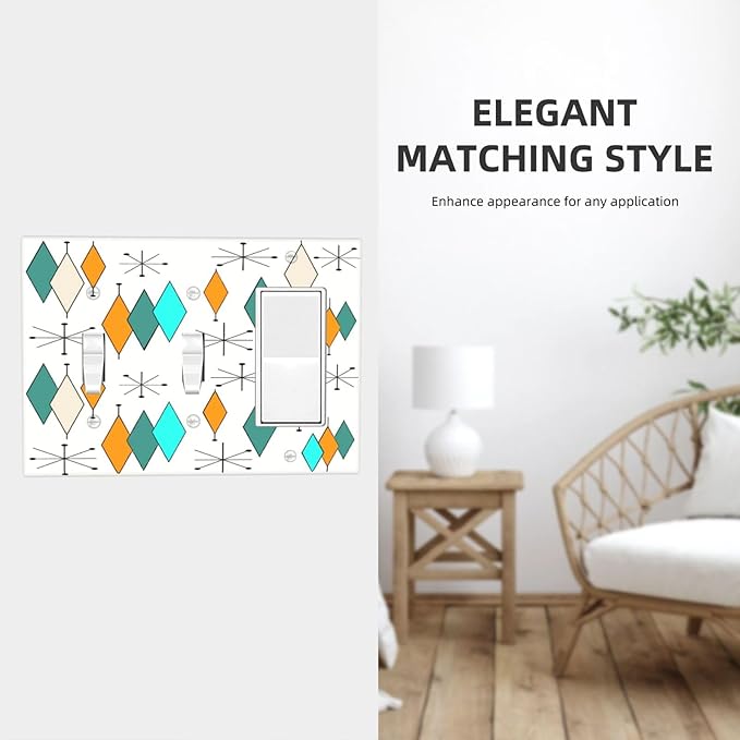 Retro Boho Geometric Mid Century 3-Gang 2-Toggle 1-GFCI/Decorator Combination Light Switch 60S Abstract Atomic Diamond Stars Art Combo Device Two Switches/Rocker Switches Outlet Covers and Wall Plate