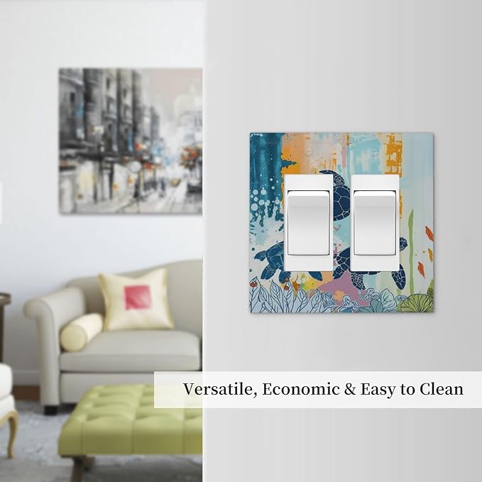 Decorative Outlet Covers Colorful Ocean Sea Turtle Marine Life 2 Gang Double GFCI Rocker Electrical Wall Panels Light Switch Cover Plate for Kids room Bedroom Decor