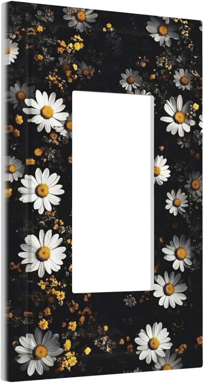 White Black Daisy Wildflower Modern Chrysanthemum Decorative Outlet Covers 1 Gang Single Rocker Light Switch Cover Plate Wall Plates GFCI Faceplate for Bedroom Farmhouse Decor