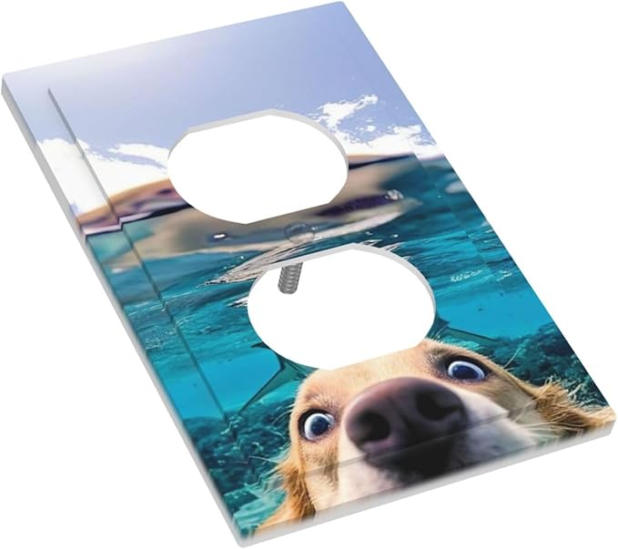 Decorative Outlet Covers Angry Shark Chased Funny Dog Underwater Sea 1 Gang Wall Plate Receptacle Duplex Light Switch Cover Plate Single Dual Plug Covers Electrical Switchplate