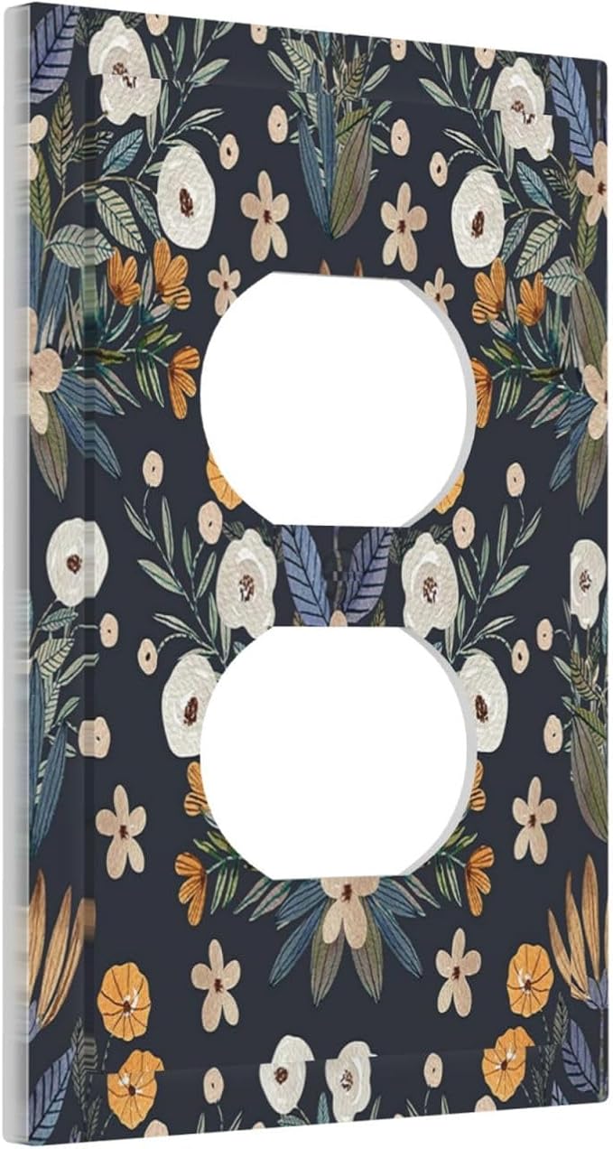 Boho Leaf Floral Navy Blue Background Single Duplex Wall Plate Covers Light Switch Cover 1 Gang Outlet Plate Decorative Switchplate Covers Electrical Faceplate for Farmhouse Bedroom Bedroom Decor