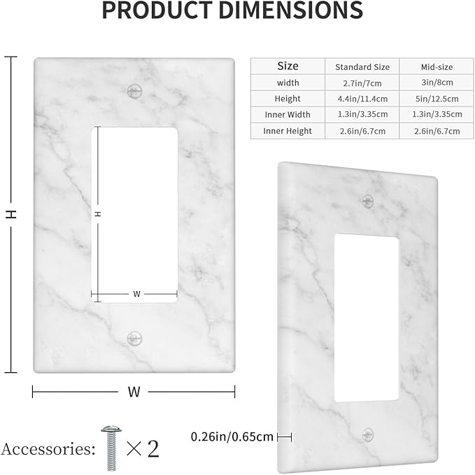 Faux White Marble Printed Single Gang Rocker Light Switch Cover Plates Decorative Outlet Covers, 1 Gang Rocker Wall Plate