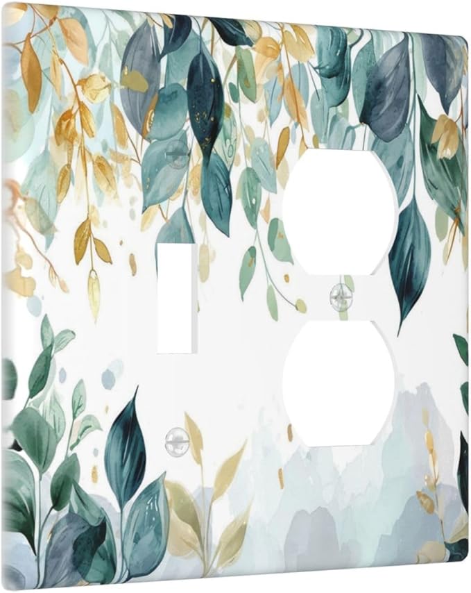 Boho Goldgreen Leaf Botanical Eucalyptus Leaves Wallplates 1 Toggle 1 Duplex Switch Plate Electrical GFCI Faceplate Decorative Light Switch Covers for Bedroom Living Room Decor