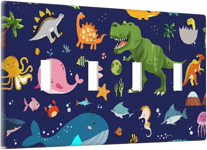 Kids Boys Cartoon Blue/Green Dinasour Ocean Animals Theme Decorative 4 Gang Quad Toggle Light Switch Cover Electric Large Size Marine Starfish Quadruple Faceplate Decorative Switch Face Wallplate