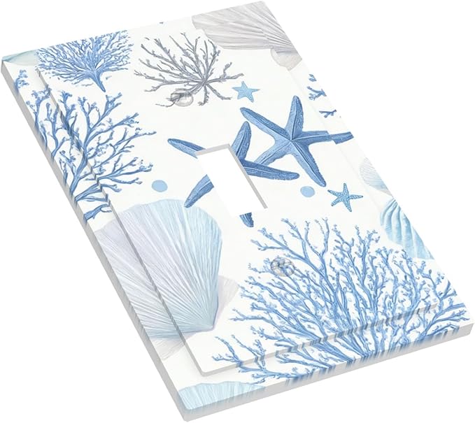 Coastal Blue Coral & Starfish 1-Gang Toggle Light Switch Plate, Watercolor Ocean Treasures Serene Underwater Garden Decorative Wall Plate for Beach House Decor