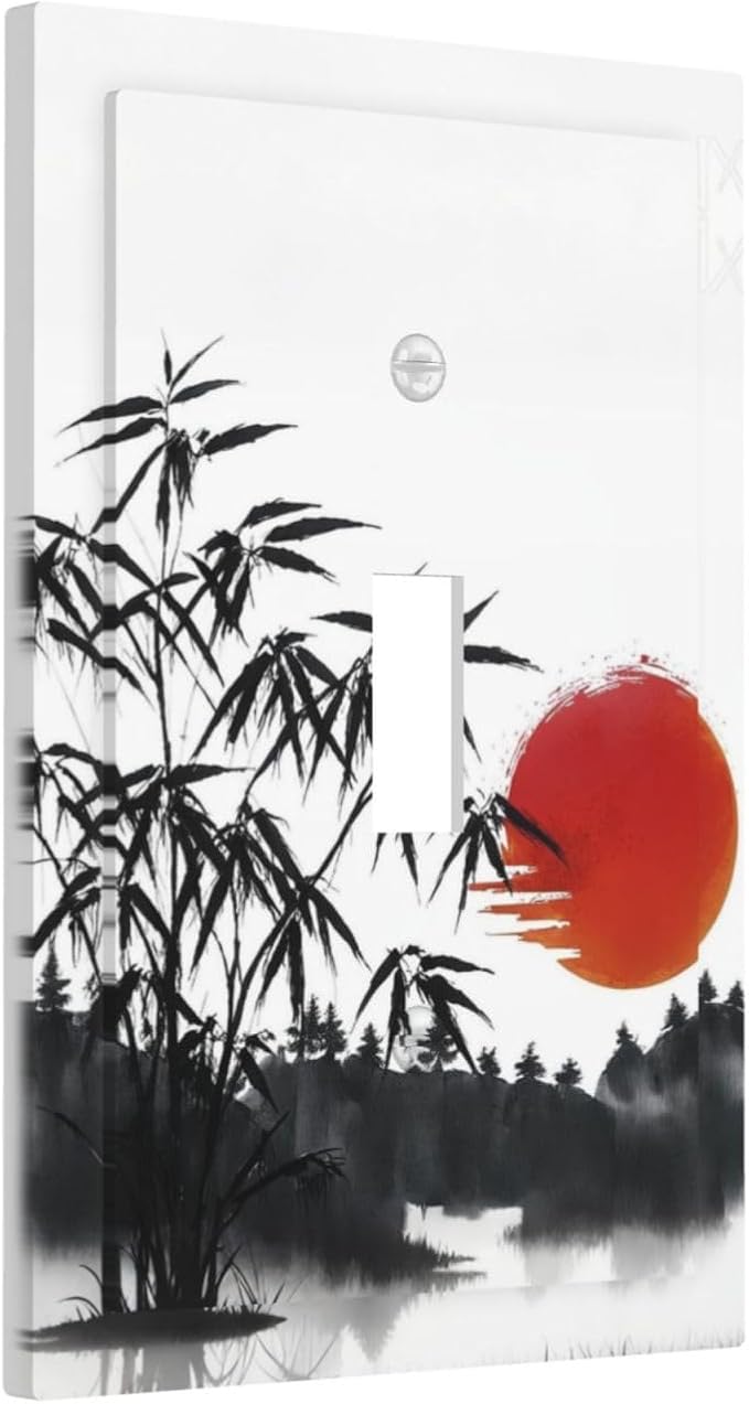 Decorative Light Switch Plate Covers Artistic Describe Black Bamboo Japanese Red Sun 1 Gang Wall Plate Single Toggle Switch Cover Plate Jumbo Electrical Switchplate Receptacle Faceplate