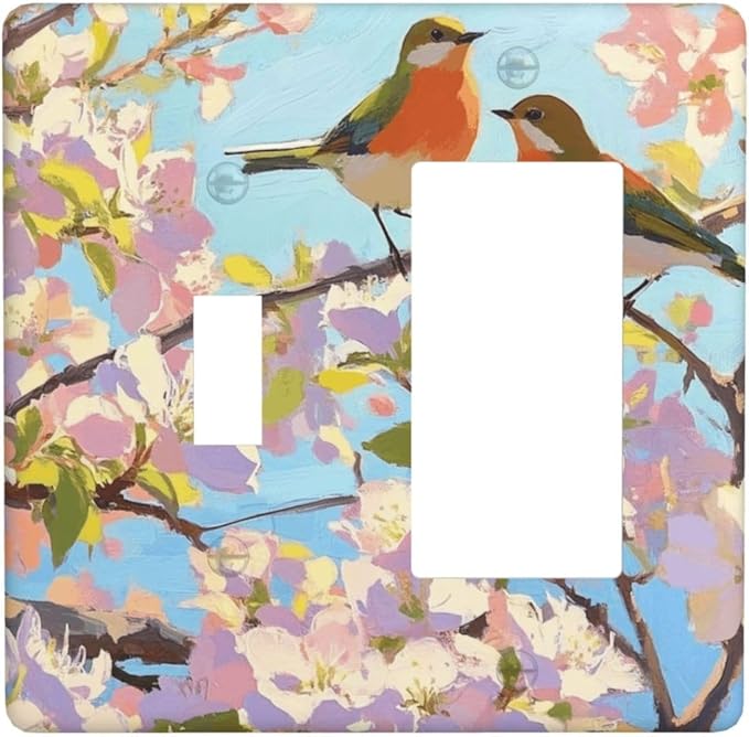 Bird Flower Single Toggle Rocker Combination Wall Plate Decorative 2 Gang Light Switch Covers Electrical Switchplate Home Decorate Faceplat for Bathroom Bedroom Kitchen Room 4.5 x 4.5 Inch