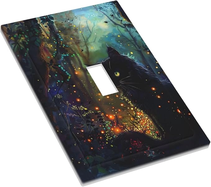 Light Switch Cover Plate Magic Fantasy Forest Mysterious Black Cat 1 Gang Single Toggle Decorative Switch Plates Wall Plates Electrical Faceplate for Kid Room Bathroom Decor